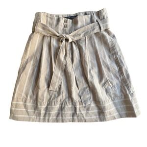 AUDREY CELINE Skirt Linen Blend Striped Beige Tan Cream Belted Pleated SZ 4 EUVC